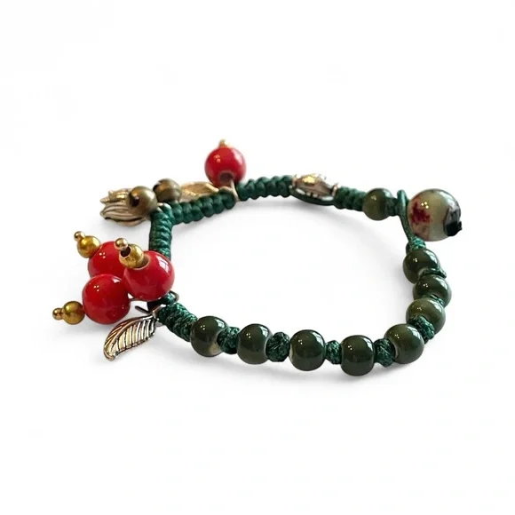 Holly Berry Red Bracelet Ceramic Beads Boho Green Silver Small Size - Picture 7 of 7